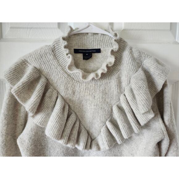 French Connection Sweater Medium Cream Long Sleeve Ruffle Wool Blend - Picture 3 of 8